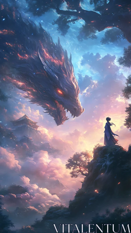 Dragon and robed figure in luminous clouded mountain sky.