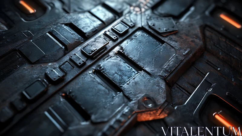 Industrial sci-fi metal panel with glowing orange vents.