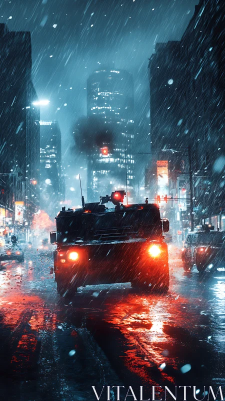 Armored vehicle in neon soaked blizzard lit city street.