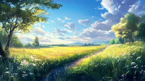 Sunlit rural meadow with path, distant hills, and trees.