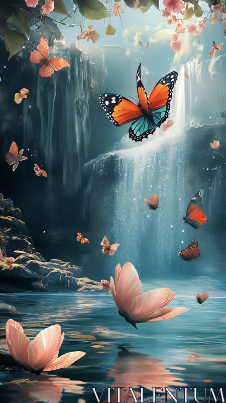 Butterflies and petals over luminous fantasy waterfall lagoon