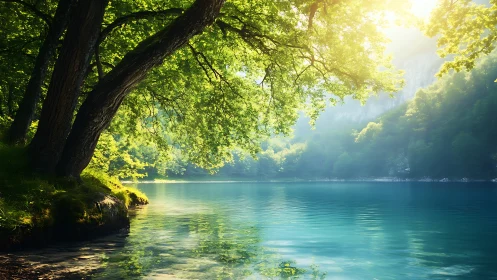 Lake landscape with mature tree and forest backdrop.