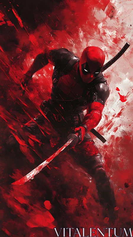 Masked red-suited swordsman lunges forward in chaotic red field