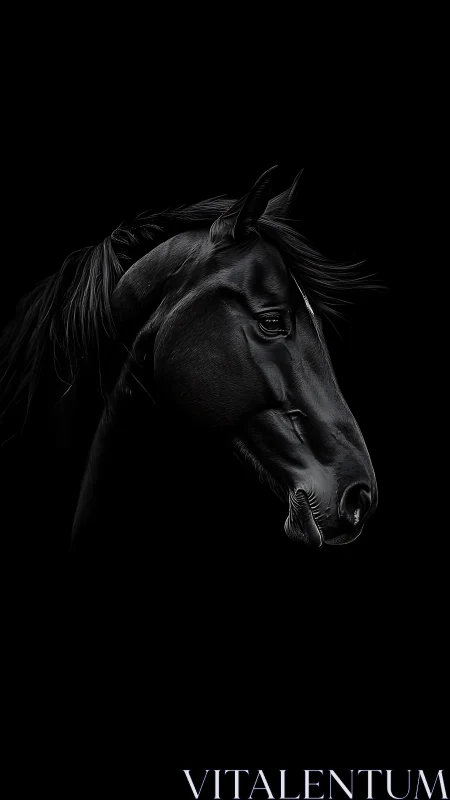 Graceful black horse head rests softly in quiet shadow