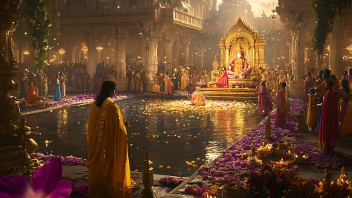 Opulent temple festival with golden deity by flower-lit pool.