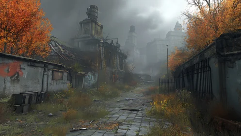 Abandoned cobblestone street leads through ruined autumn city