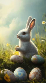 Gentle spring rabbit pauses among softly painted Easter eggs