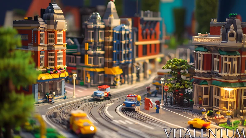 High-detail LEGO city intersection with curved tram tracks and warm lighting