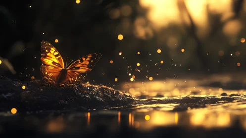 Backlit butterfly hovers above wet stone with shallow depth of field