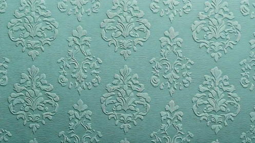 Ornate teal damask wallpaper with raised baroque motifs.
