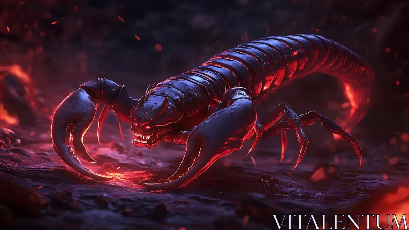 Demonic lava scorpion prowls a burning volcanic underworld