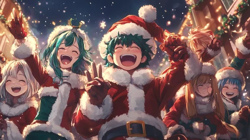 Anime friends celebrate joyful Christmas night parade