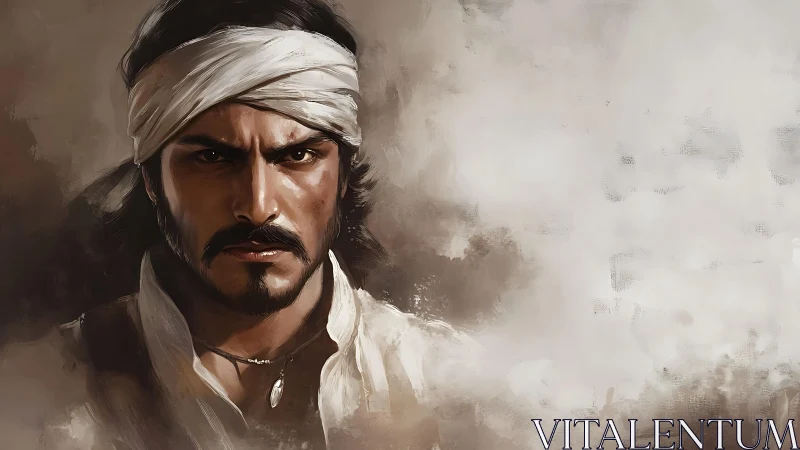 Stoic bandit warrior gazes through swirling desert haze