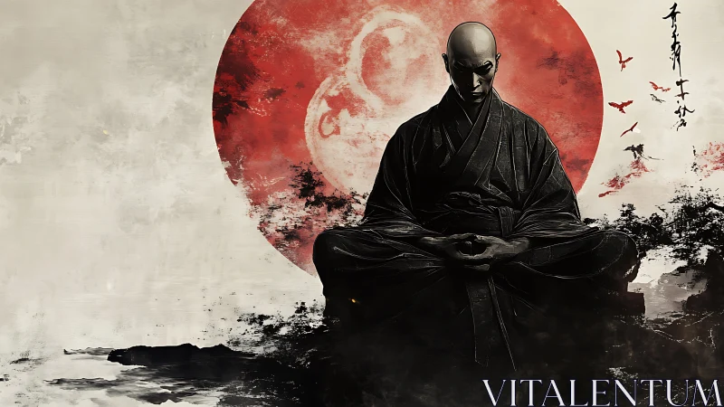 Silent monk in shadowed meditation before a rising sun.