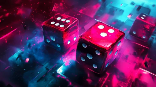 Translucent neon dice rendered with volumetric glow and motion scatter