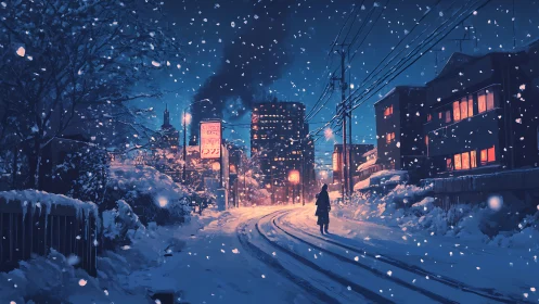 Snowlit city curve cradles one wandering midnight silhouette