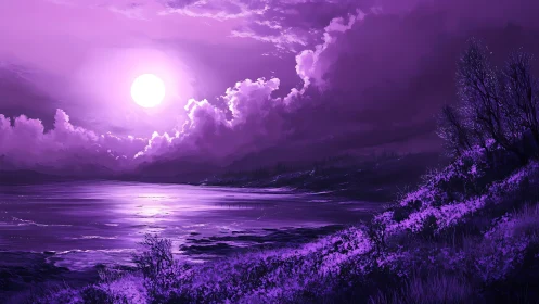 Dreamy violet shoreline glowing under a gentle moonlit sky.