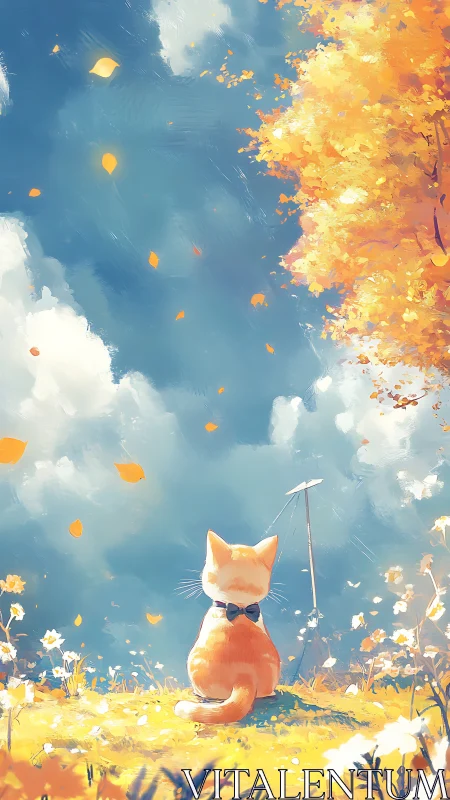 Orange cat in bow tie sits in sunny autumn meadow