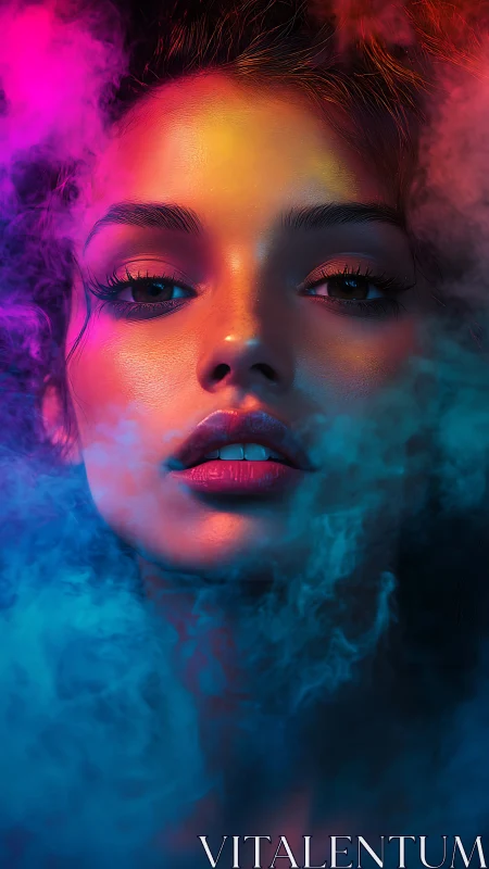 Neon lit female portrait surrounded by colorful smoke clouds.