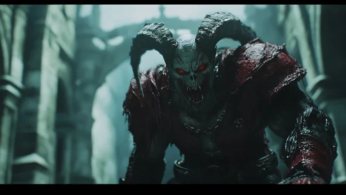Horned demonic creature in ruined stone corridor environment.