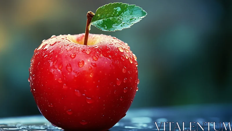 Red apple with water droplets on reflective surface.