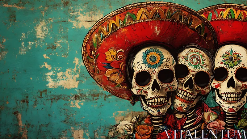 Joyful sugar skull trio in vivid D&iacute;a de Muertos hats.
