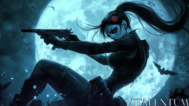 Nocturnal pistol operative silhouetted against oversize full moon