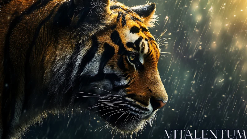 Hyperreal profile study of a tiger in cinematic backlit rain