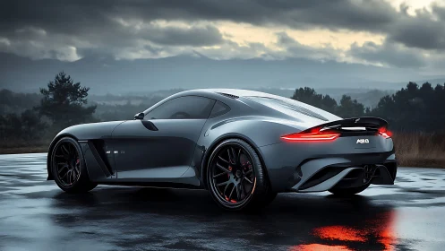 Rendered sports coupe is parked on wet asphalt at dusk