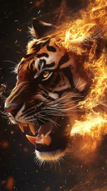 Fiery tiger head erupts from darkness in blazing motion.