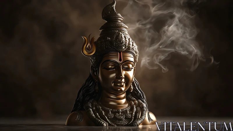 Golden Shiva bust rises from dark misty water surface