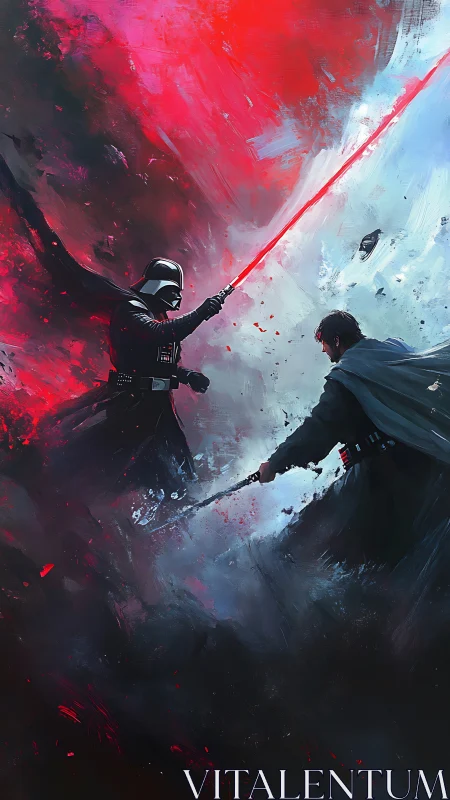 Two sci-fi warriors clash with glowing blades in stormy chaos