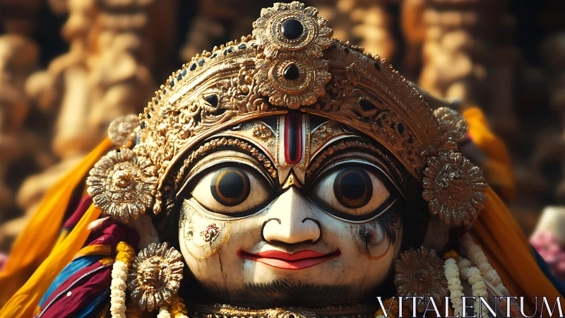 Ornate deity mask glows with golden embellishments and color.