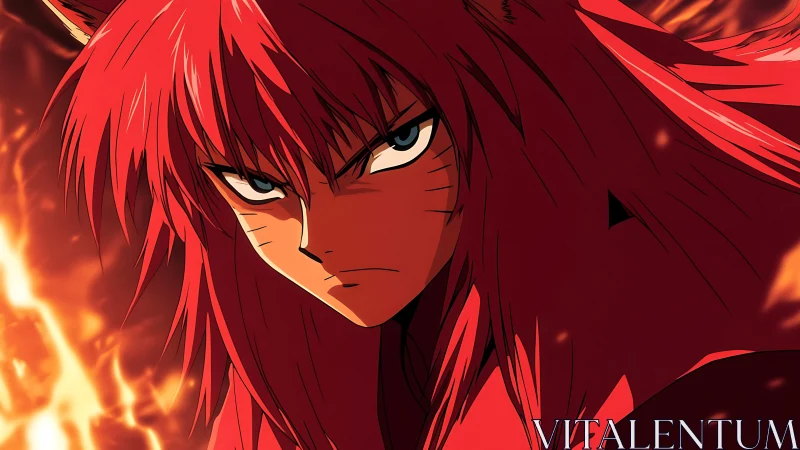 Fiery red warrior with fierce eyes stands in blazing light