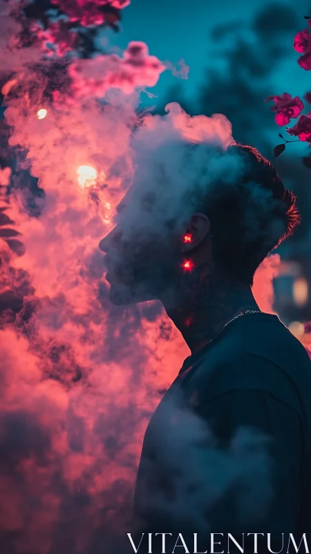 Neon mist crowns a lone silhouette in electric twilight