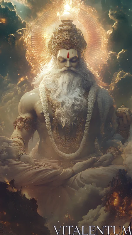 Colossal celestial sage in lotus pose amid volumetric clouds