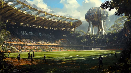 Futuristic overgrown football stadium under alien towers.