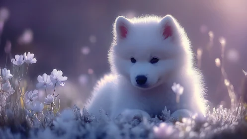 White fluffy puppy lying in soft purple flower field.