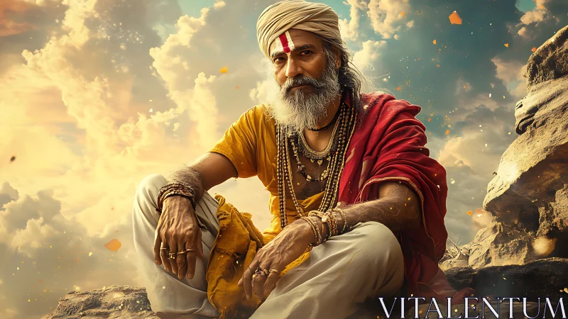 Elderly man seated on rocky terrain under clouded sky.