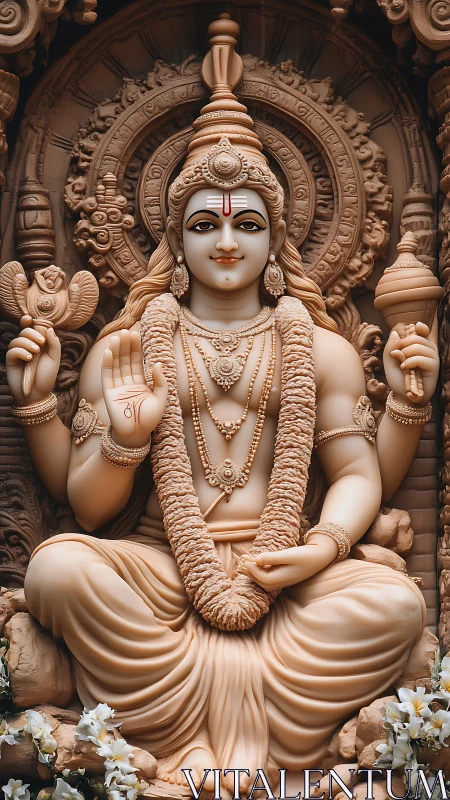 Sacred seated deity sculpture rendered in ornate sandstone relief