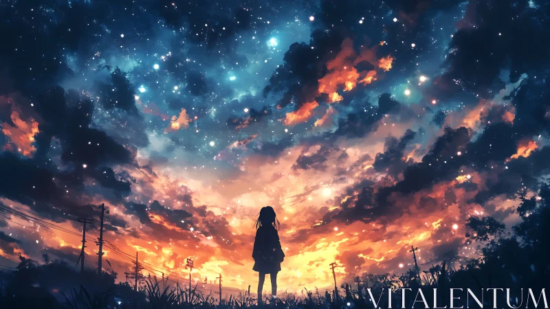 Starlit evening sky welcomes a quiet girl into its glow