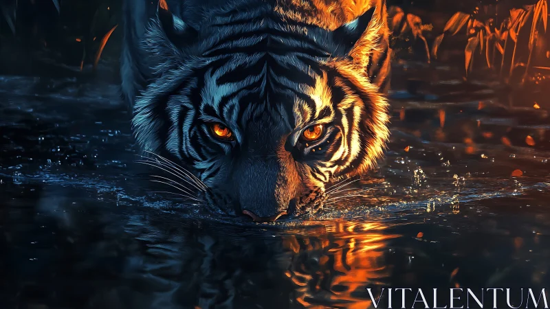 Fiery eyed tiger cooling off in shimmering evening water.