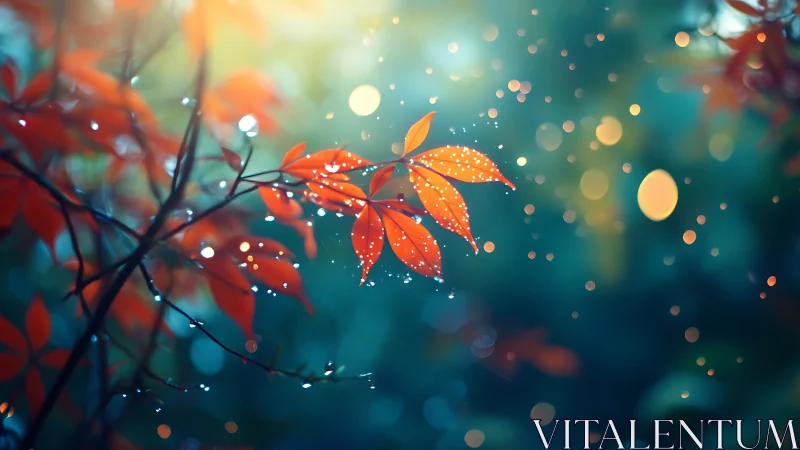 Firefly dusk on scarlet leaves in a dreamlit woodland hush.