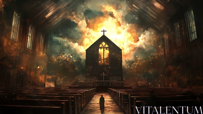 Solitary figure under explosive celestial light in chapel interior.