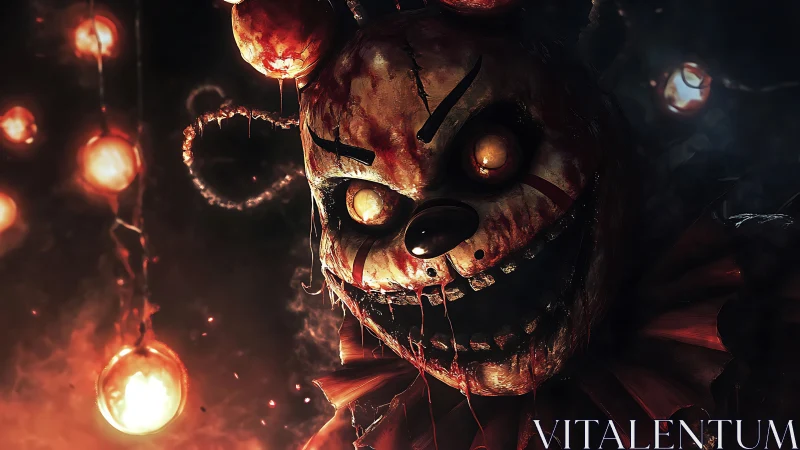 Grotesque clown automaton under infernal carnival lights.