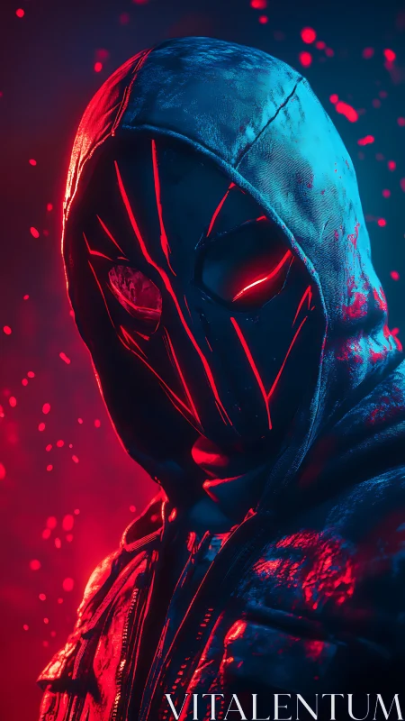Neon masked vigilante carves crimson light through midnight
