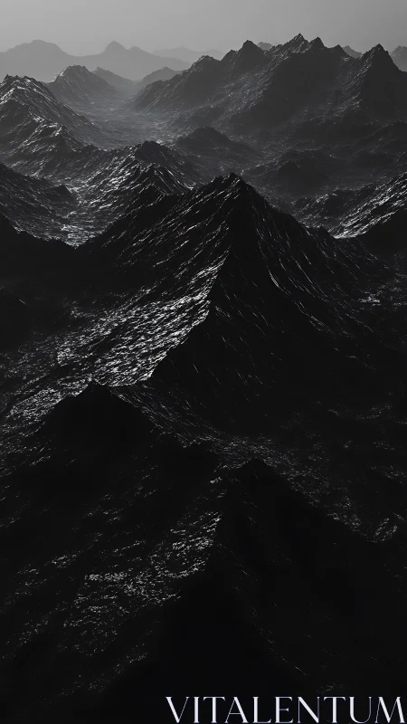 Monochrome mountainous terrain under diffuse light conditions.