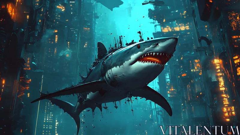 Gigantic cybernetic shark moves through dense neon cityscape