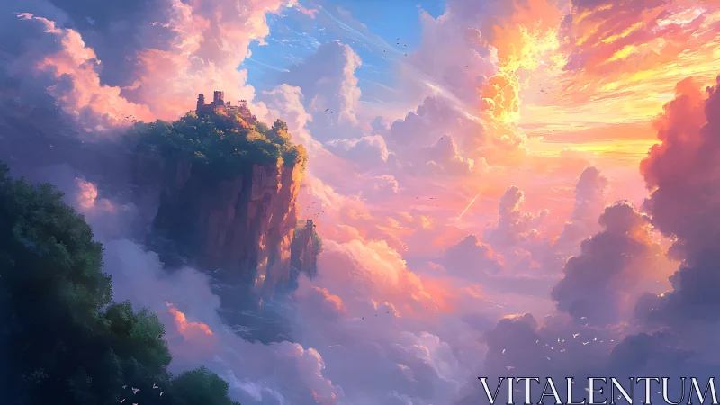 Sunlit cliffside citadel emerges through radiant evening clouds