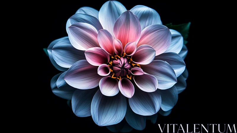 Blue and Pink Dahlia Bloom Against Black Background.